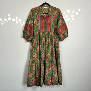 Jaipur Mornin Green Floral Ethnic Print Cotton Midi Dress Fit & Flare Size XL